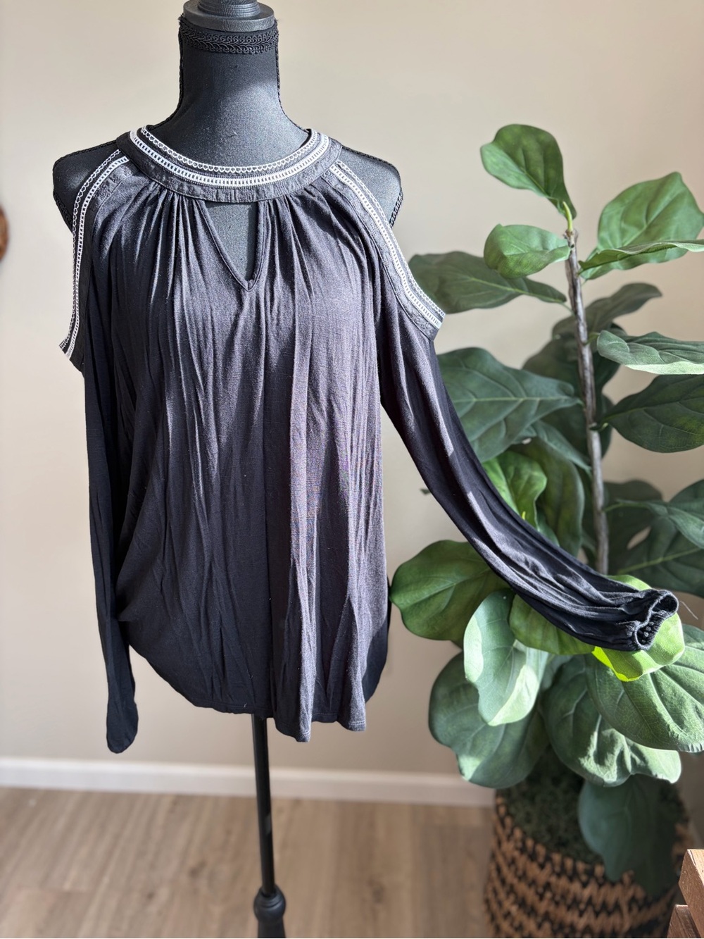 Maurices Black Cold-Shoulder Long Sleeve Top with Embellished Neckline